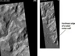 Escalante Crater wall, as seen by HiRISE Image on left is an enlargement.