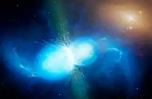 Artist's impression of neutron stars merging, producing gravitational waves and resulting in a kilonova