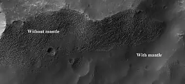 Surface showing appearance with and without mantle covering, as seen by HiRISE, under the HiWish program  Location is Terra Sirenum in Phaethontis quadrangle.