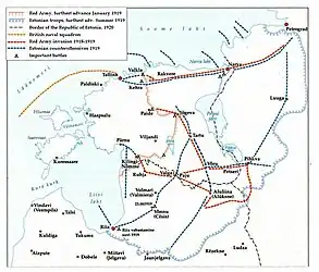 Image 38Estonia's greatest territorial extent ever, reached during its War of Independence, marked by the light blue line on the map. (from History of Estonia)