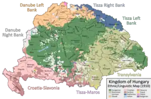 Map of the Kingdom of Hungary in 1910, based on the Hungarian census of the same year. Hungarians are marked in dark green.