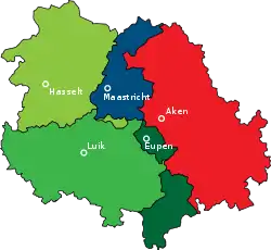 Map of the Meuse-Rhine Euregion showing the Region of Aachen (red); the southern part of Dutch Limburg (blue); Belgian Limburg (light green); Liège Province (mid-green); and the German-speaking Community of Belgium (dark green).