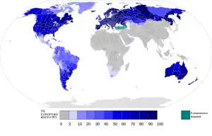 Image 7A map showing European immigration around the world, with the majority of Uruguay (and parts of Argentina and southern Brazil, respectively) having more than 90% of European ancestry (from Culture of Uruguay)