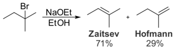 Treating 2-bromo-2-methylbutane with a small base, such as sodium ethoxide, gives the Zaytsev product.