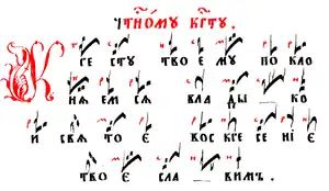 An example of Znamenny notation with so-called "red marks", Russia, 1884. "Thy Cross we honour, oh Lord, and Thy holy Resurrection we praise."