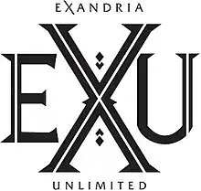 The logo for the series showing the capital letters EXU stylized with the X larger than the other two letters. In smaller text, the word Exandria is above the letters, and the word Unlimited is below the letters.