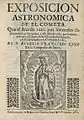 Front page of Exposisión astrónomica de el cometa by Eusebio Francisco Kino, 1681