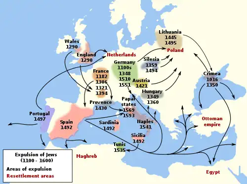 map of Europe from 1100-1600 showing where and when Jews were expelled and exciled