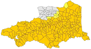 A map of the French department of Oriental Pyrenees with most of the areas highlighted but for the middle north.