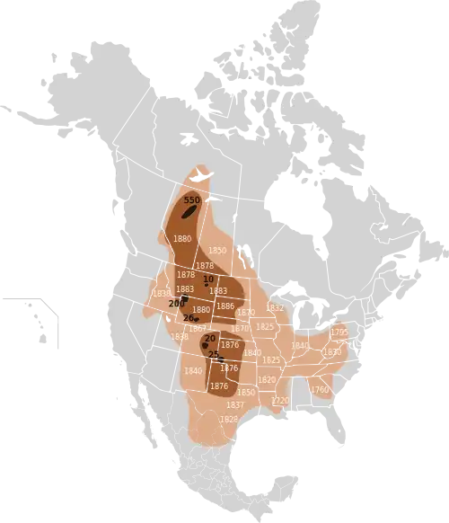 Map of the extermination of the bison to 1889. This map based on William Temple Hornaday's late-19th century research.  Original range  Range as of 1870  Range as of 1889