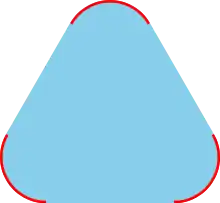 A picture of a smoothed triangle, like a triangular tortilla-chip or a triangular road-sign. Each of the three rounded corners is drawn with a red curve. The remaining interior points of the triangular shape are shaded with blue.