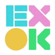 Four stylised letters of different colours arranged in 2-by-2 grid reading "EXOK"