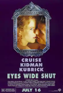 A framed image of a nude couple kissing – she with her eye open – against a purple background. Below the picture frame are the film's credits.