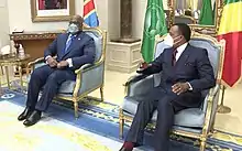 Image 2President Félix Tshisekedi with the president of neighbouring Republic of the Congo Denis Sassou Nguesso in 2020; both wear face masks due to the ongoing COVID-19 pandemic. (from Democratic Republic of the Congo)