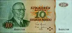 Image 5President J. K. Paasikivi illustrated in a former Finnish 10 mark banknote from 1980 (from Money)