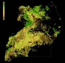 Image 22Forest Landscape Integrity Index 2019 map of Uganda. Forest condition measured by degree of anthropogenic modification. 0 = Most modification; 10= Least. Created in Google Earth Engine. National boundaries = LSIB 2017: Large Scale International Boundary Polygons, Detailed, US Officer of the Geographer (from Uganda)