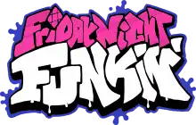 The Friday Night Funkin' logo. It has a blue outline with splatter-like shapes in several areas. The text "Friday Night Funkin'" is further outlined in black, and the shiny magenta-pink words "Friday Night" are above the off-white word "Funkin'". In the word "Friday", the dot in the letter i is diamond-shaped and divided with two vertical and two horizontal lines. The text has graffiti-style letters with paint dripping down the bottom of the word "Funkin'" and onto the extended black outline.