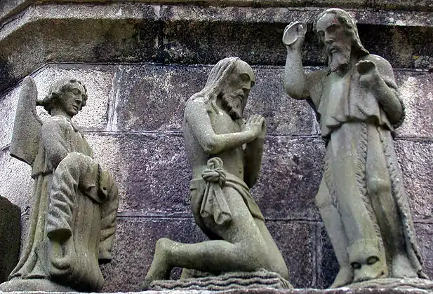 Jesus being baptized by John the Baptist who is wearing an animal skin. The animal's head is at John the Baptist's feet.  An angel kneels on the left side of the scene. She is holding Jesus' robe.