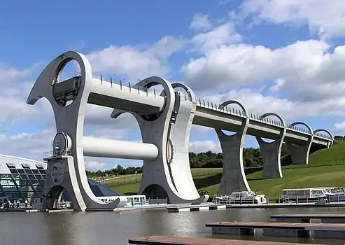 Image 1The Falkirk Wheel, named after the nearby town of Falkirk, is a rotating boat lift connecting the Forth and Clyde Canal with the Union Canal. The wheel raises boats by 24 metres.Photo credit: Sean Mack