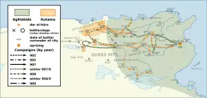 Image 6Map of Abu Abdallah's campaigns and battles during the overthrow of the Aghlabids (from Fatimid Caliphate)