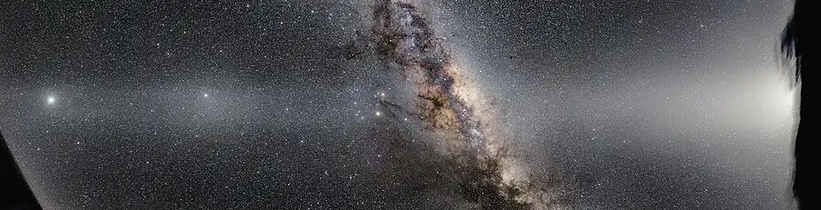 Image 47The interplanetary dust cloud illuminated and visible as zodiacal light, with its parts the false dawn, gegenschein and the rest of its band, which is visually crossed by the Milky Way (from Outer space)