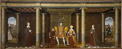 "Family of Henry VIII with Will Sommers on the far right and probably Jane Foole on the far left