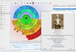 Screenshot of Gramps (v. 5.0.1) with its fan chart and the Given name cloud gramplet on the bottom.