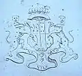 Coat of arms on a silver waiter dated 1732, showing arms of Fane impaling Stanhope, for Charles Fane and his wife Mary, possibly a 25th wedding present.