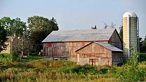 Red and white barn amongst shrubs and trees.