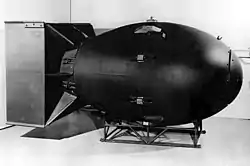 Image 44The first nuclear weapons were gravity bombs, such as this "Fat Man" weapon dropped on Nagasaki, Japan. They were large and could only be delivered by heavy bomber aircraft (from Nuclear weapon)