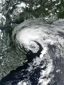 A satellite image of Tropical Storm Fay near the Atlantic Coast of New Jersey on July 10, 2020.