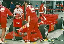 A Ferrari in boxes at the 1998 British GP