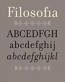 Simple specimen of Filosofia showing the word "Filosofia," some roman capitals and lowercase letters, and italic lowercase letters set in Filosofia.