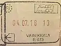 Passport exit stamp issued on the train in Vainikkala