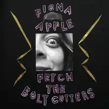 A black-and-white close-up of Apple with a very thick black border that has hand-drawn lightning bolts on either side and the artist and title written in a hand-drawn purple font