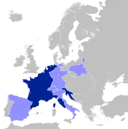 Location of Illyrian Provinces (south-east dark blue)– in the First French Empire (dark blue)– in French client states (light blue)