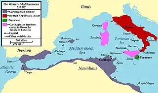 A map of the western Mediterranean showing the territory ceded to Rome by Carthage under the treaty.