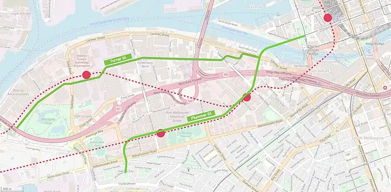 Map showing proposed tram extensions to Fishermans Bend, and the two alternative paths for Melbourne Metro 2