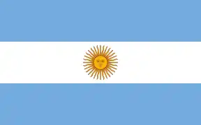 The flag of Argentina, a charged horizontal triband.