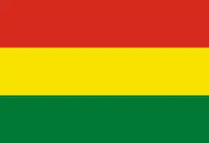 Horizontal tricolor (red, yellow, and green from top to bottom) with the coat of arms of Bolivia in the center