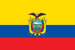 The flag of Ecuador, a charged horizontal triband.