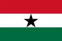 The flag of Ghana (1964–1966), a charged horizontal triband.