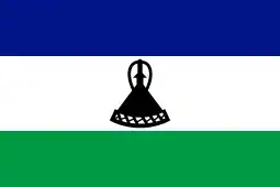 The flag of Lesotho, a charged horizontal triband.