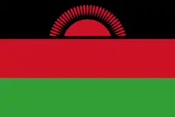 The flag of Malawi, a charged horizontal triband.