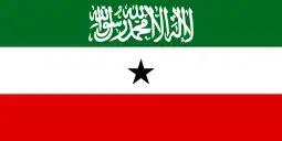 The flag of Somaliland, a charged horizontal triband.