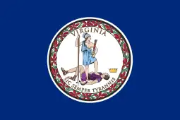 Navy blue flag with the circular Seal of Virginia centered on it.