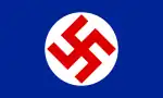 Flag of the Parti National Socialiste Chretien du Canada, a blue flag featuring a white circle in the centre charged with a red swastika