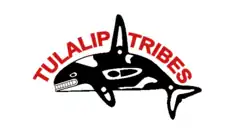 The Flag of the Tulalip Tribes. It is a white sheet with an orca drawn in the traditional style, with the words "Tulalip Tribes" written in red over the orca's back and separated by its dorsal fin