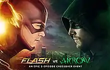 Grant Gustin as the Flash and Stephen Amell as the Arrow facing each other in profile.