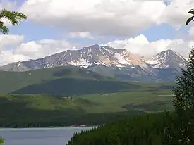 View northeastward across Hungry Horse Reservoir onto the Flathead Range, Montana